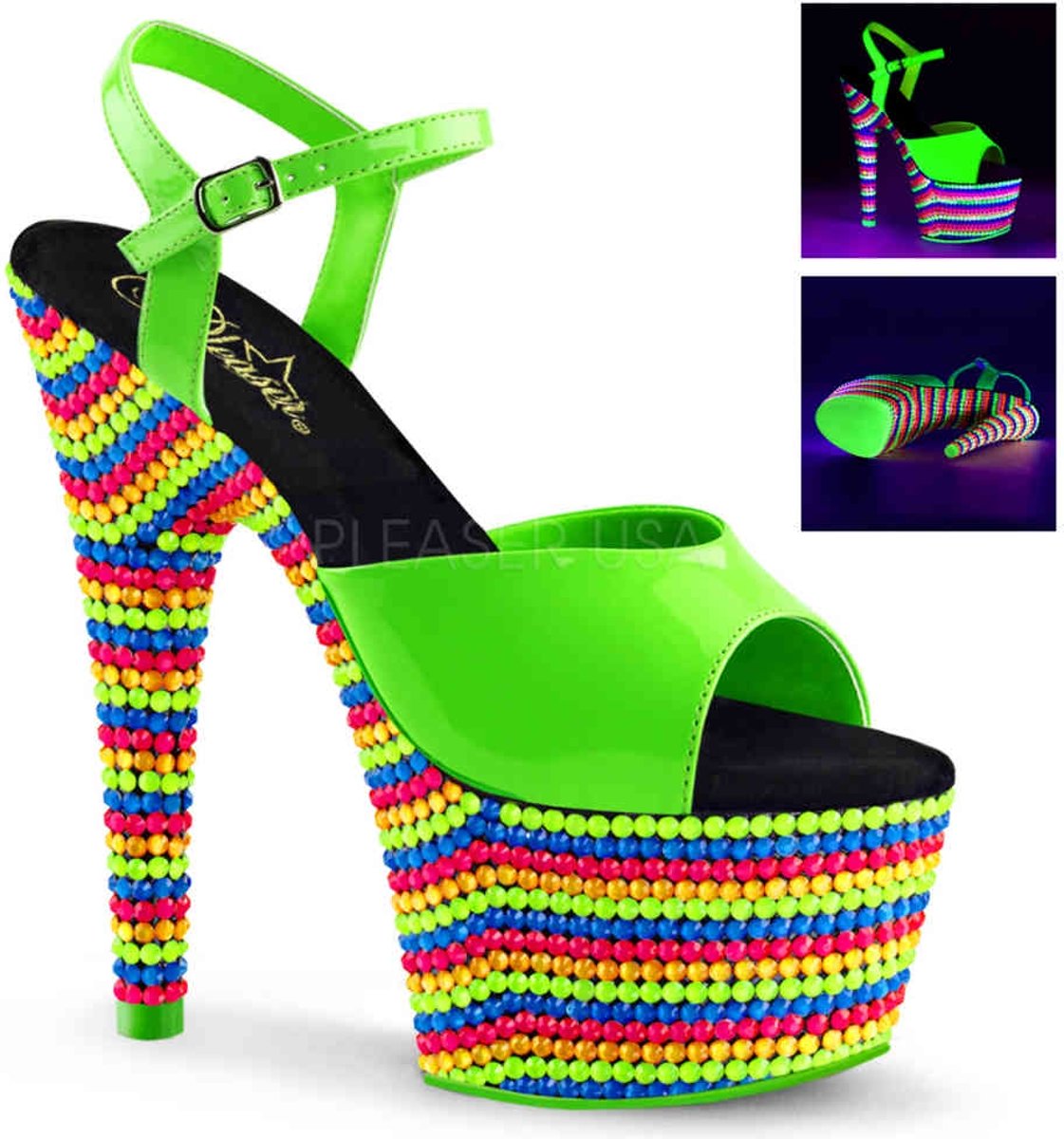 EU 36 = US 6 | ADORE-709RBS | *7 Heel, 2 3/4 PF Ankle Strap Sandal, Neon UV Reactive